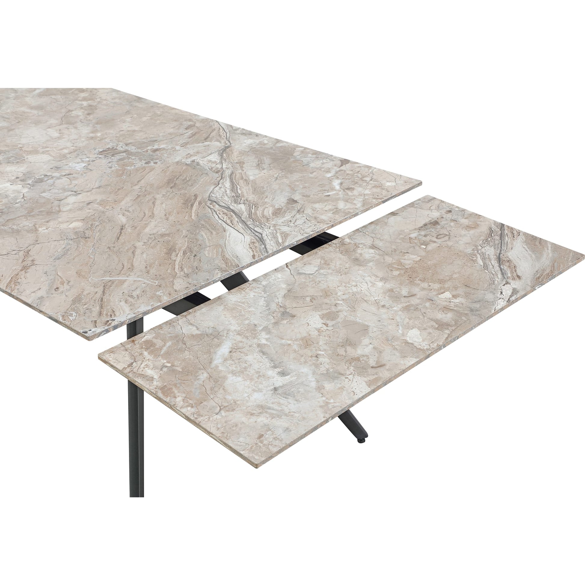Lucia Double Extension Stone Top Metal Leg Dining Table in Rich Brown and Black