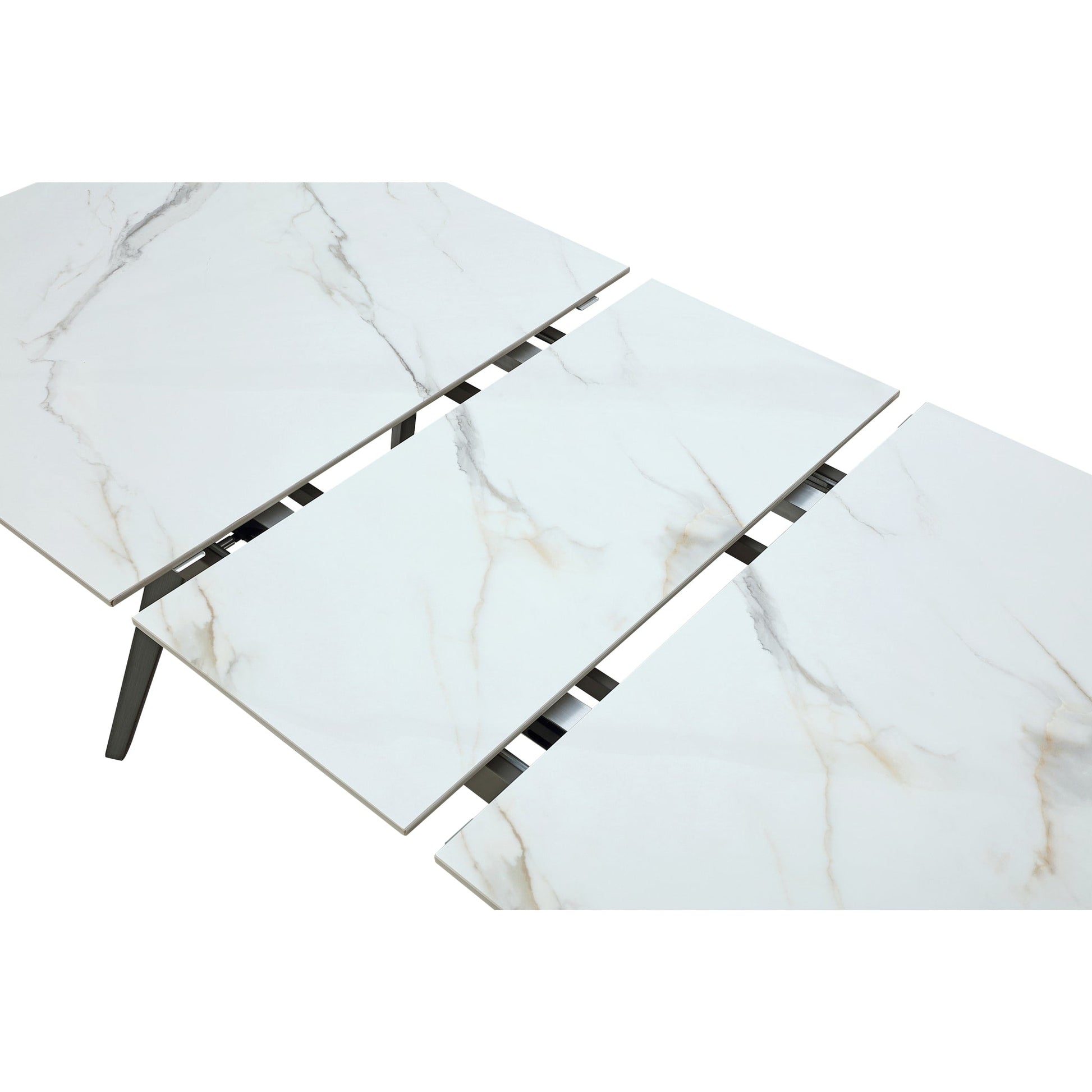 Lucia Extendable Stone Top Metal Leg Dining Table in Polished Cappuccino and Gunmetal