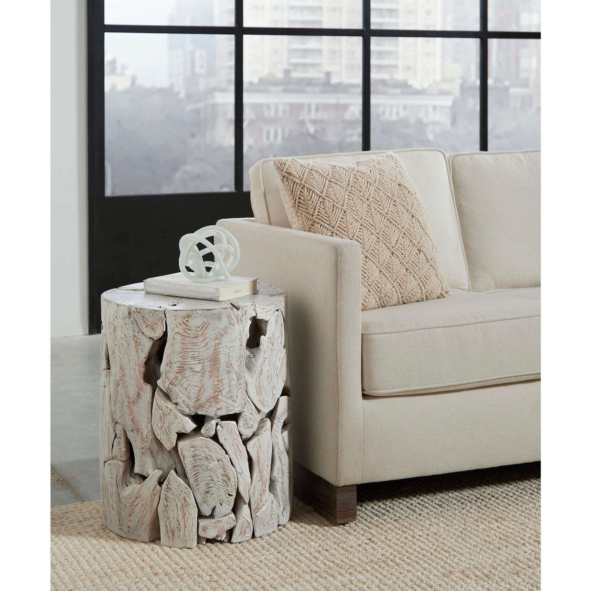 One Teak Slice Round End Table in Bleached Teak